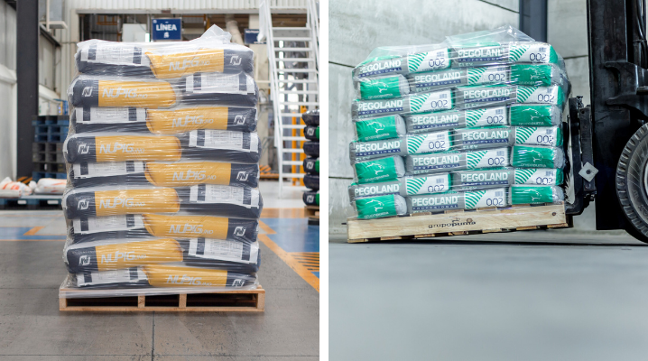 Godspallar med säckar emballerade med Stretch hood-teknik från Innova.